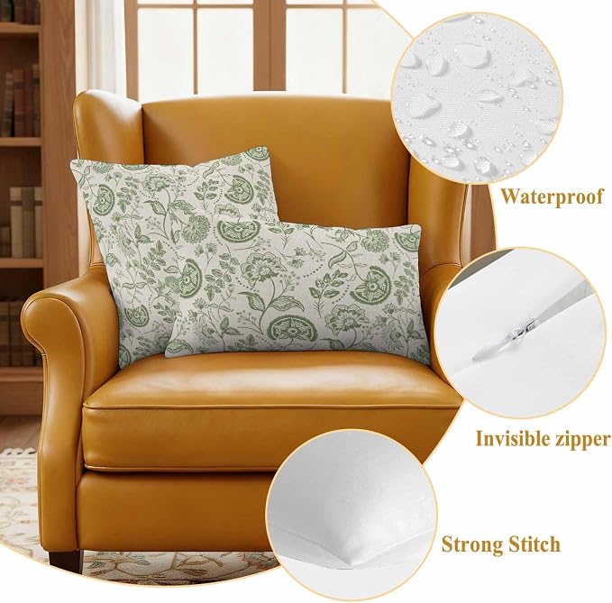 Outdoor Pillow Covers 18x18 Set of 2, Sage Green Spring Floral Waterproof Patio Throw Pillow Covers for Couch Sofa Chair, Retro Summer Botanical Farmhouse Decorative Pillowcases for Throw Pillows