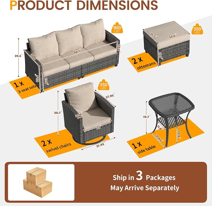 UDPATIO Patio Furniture Set, 6 Pieces Outdoor Sectional Couch, Gray Wicker Rattan Conversation Sofa with Swivel Rocking Chair, 4" Thick Cushion for Garden Backyard Deck, Khaki