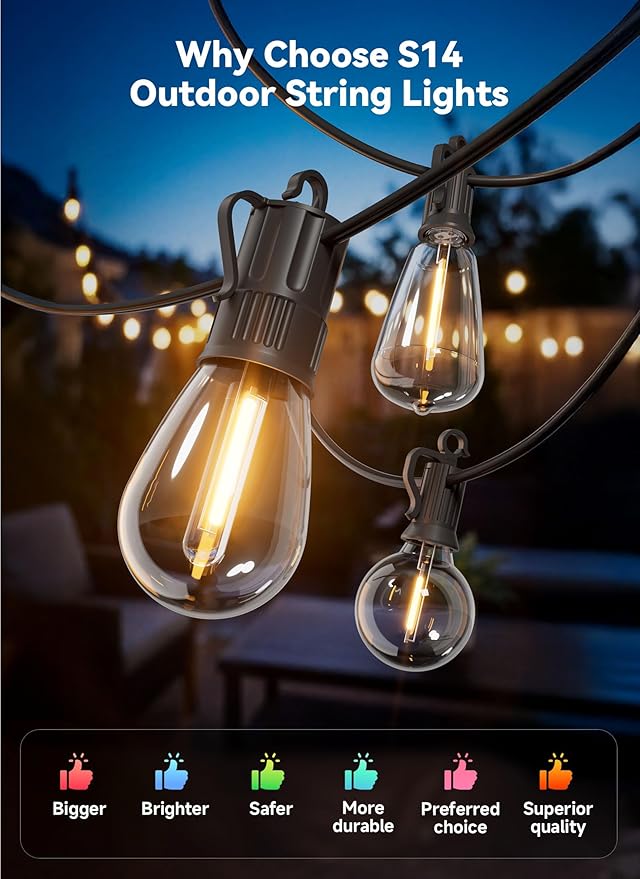 Minetom 80FT Outdoor String LED Patio Lights Waterproof,Shatterproof S14 Vintage Edison Bulbs,Commercial Grade Outside Hanging Lights Waterproof for Porch Deck Garden Backyard Balcony Cafe Bistro