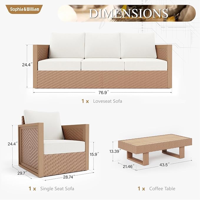 Sophia & William HDPE Patio Furniture Set，Modern Outdoor Sectional Sofa Set with 5.5" Cushions and 43.5" Wood Grain Coffee Table, Deep Seating Outdoor Conversation Set for Backyard(Beige, 5 Seats)