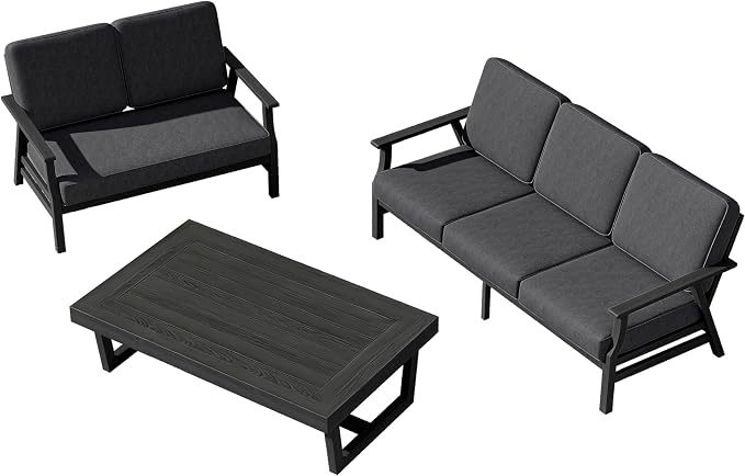 3 Pieces Patio Furniture Sets, Black Wood Outdoor Sectional Furniture with Coffee Table, 5 Seats Patio Sofa Couch Conversation Set for Backyard Deck - Dark Gray