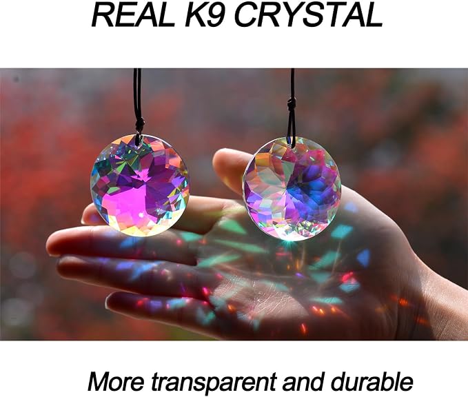 2PCS Circle Crystal Suncatcher Prisms for Windows (Circle ABColor) | AB Color, Transparent, K9 Glass, Rainbow Maker, with Hooks & Cord