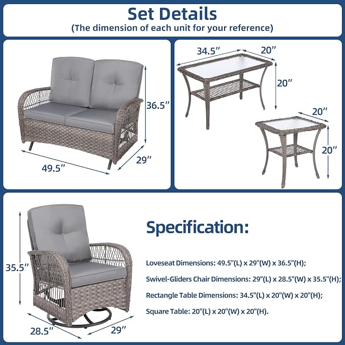 5-Piece Wicker Patio Furniture Sets Outdoor All-Weather Rattan Conversation Set Includes Glider Loveseat, 2 Glass-Top Coffee Tables, 2 Swivel Rocking Chairs for Porch Backyard, Gray