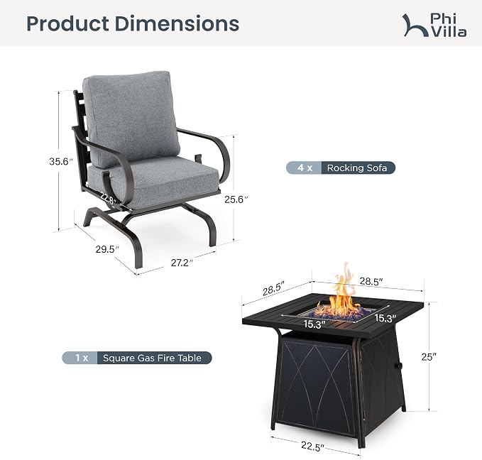 PHI VILLA Patio Furniture Set, 4 Rocking Chairs and a 28" Square Fire Pit Table, Outdoor Metal Conversation Set with 5.75" Extra Thick Cushion for Garden Backyard Deck, Grey