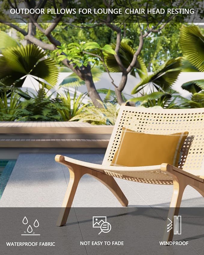 T&H XHome Outdoor Pillow for Chaise Lounge Chair, Solid Color Ginger Waterproof Headrest Pillow Lumbar Pillows with Insert & Adjustable Elastic Strap for Beach, Poolside, Patio, Office (2 Pack)