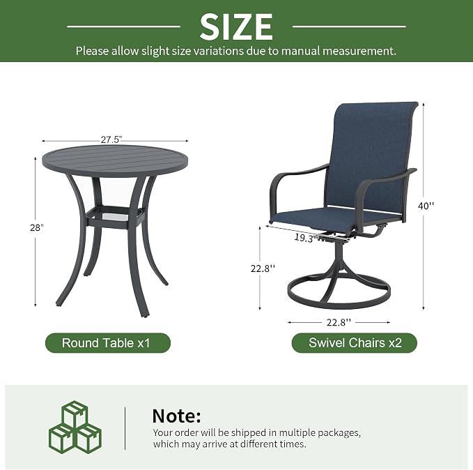 Anmutig 3-Piece Outdoor Patio Dining Set, 27.5" Black Round Table with 2 Swivel Rocking Patio Chairs Furniture Set for Kitchen Garden, Backyard, Blue