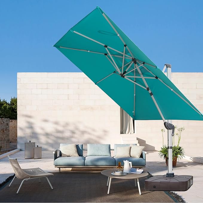 Cantilever Patio Umbrella with Cross Base and Cover Included - 360° Rotation Large Heavy Duty Offset Outdoor Umbrella with Easy Tilt for Pool Backyard Deck Garden (11x11 FT Turquoise Blue)