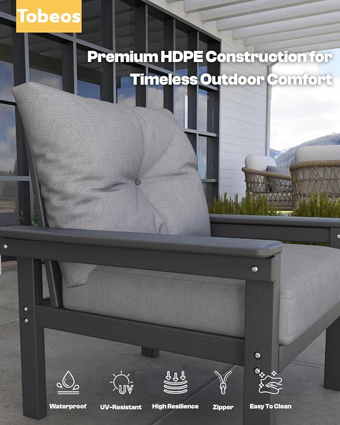 HDPE 7 Piece Patio Furniture Set, All-Weather Outdoor Couch Set with Thick Cushions & Table & Umbrella, Patio Conversation Sets for Lawn, Garden, Porch, Balcony, Deck, Poolside, Grey & Grey