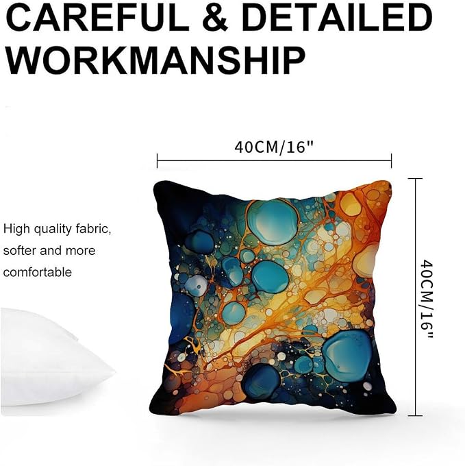 Ink Rainbow Shapes with Gold Pillowcase Abstract Alcohol Ink Textures Throw Pillow Cover Retro Outdoor Waterproof Decorative Pillow Cover for Patio Furniture Tent Garden 16x16 in