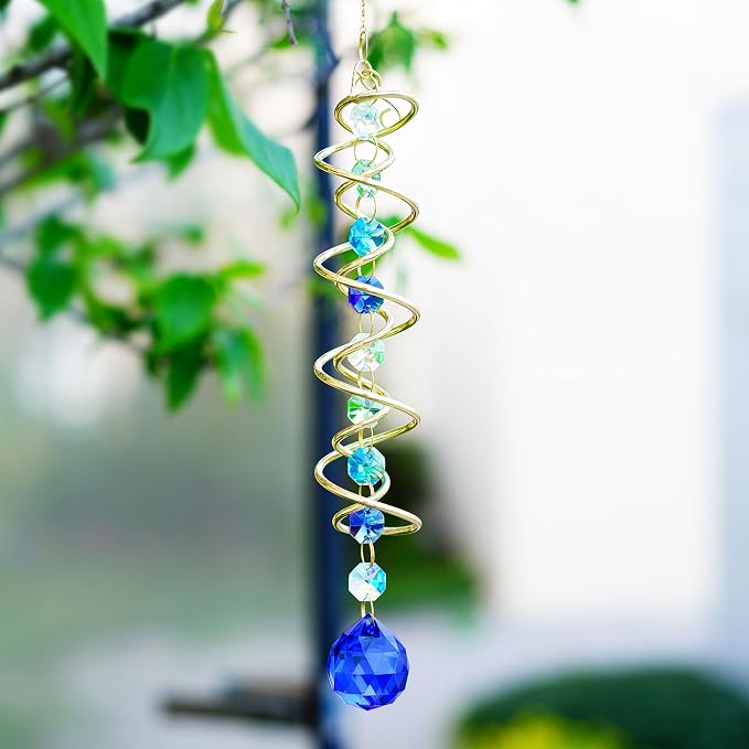 Crystal Gazing Ball Wind Spinner Suncatcher with Hook Decor | Crystal Suncatcher Gazing Ball with Spiral Tail Rainbow Maker Beads Hanging for Window Indoor Outdoor Garden Wedding Decor