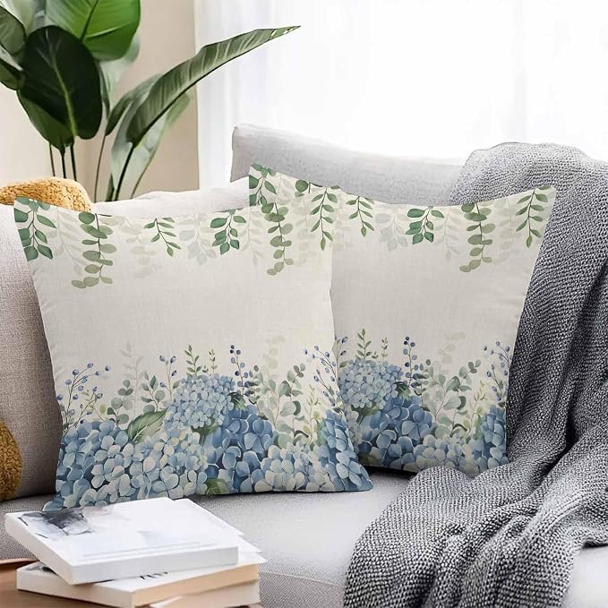 Hydrangea Flower Outdoor Throw Pillow Covers Waterproof Eucalyptus Pillow Cases 16x16in,Green Leaf Retro Linen Decorative Boho Pillow Covers Cushion Cases for Couch Sofa Patio Garden 2 Pack