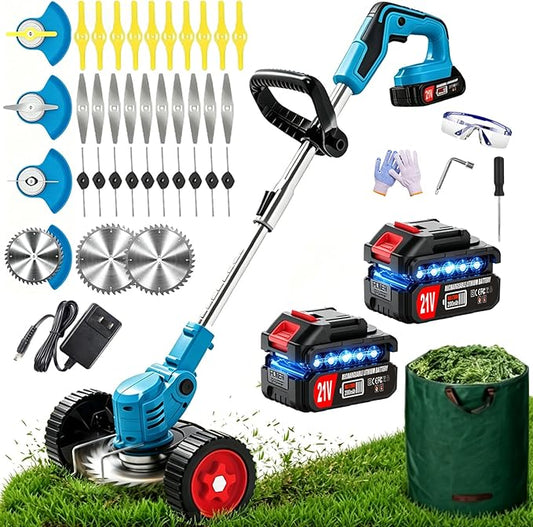 Electric Weed Wacker, 21V Cordless Weed Eater Battery Powered, No String Trimmer with Wheels & Metal Blades, Lightweight Grass Trimmer/Brush Cutter/Lawn Edger, Stringless Weed Trimmer for Yard Garden