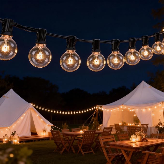 Abeja 25Ft Outdoor Patio String Lights, G40 Outdoor Globe String Lights with 27 Clear Bulbs, Hanging Light for Porch Backyard Deck Bars Wedding Indoor Decor, E12 Base, 5W Black Wire