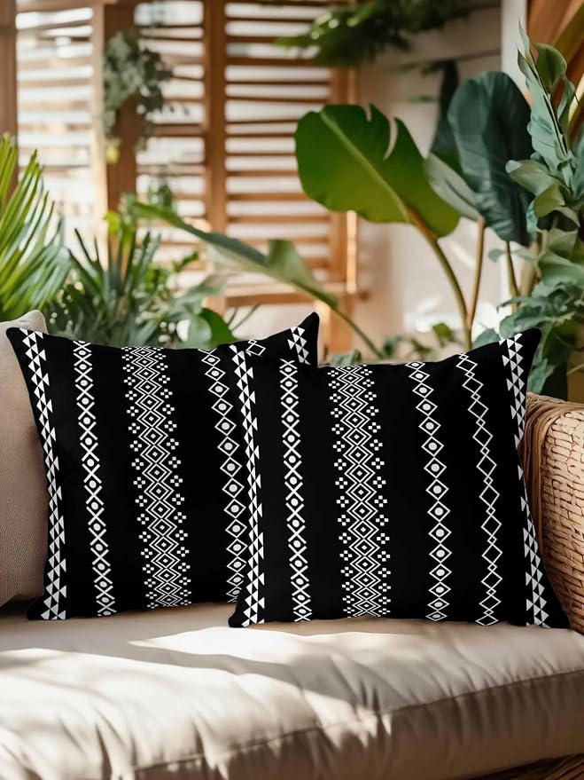 Outdoor Waterproof Throw Pillows 18x18in, Traditional Tribal White Diamond Patio Pillows Pack of 2, Decorative Pillow Covers with Insert, Pillow Cushion Case for Garden Boho Geometric on Black