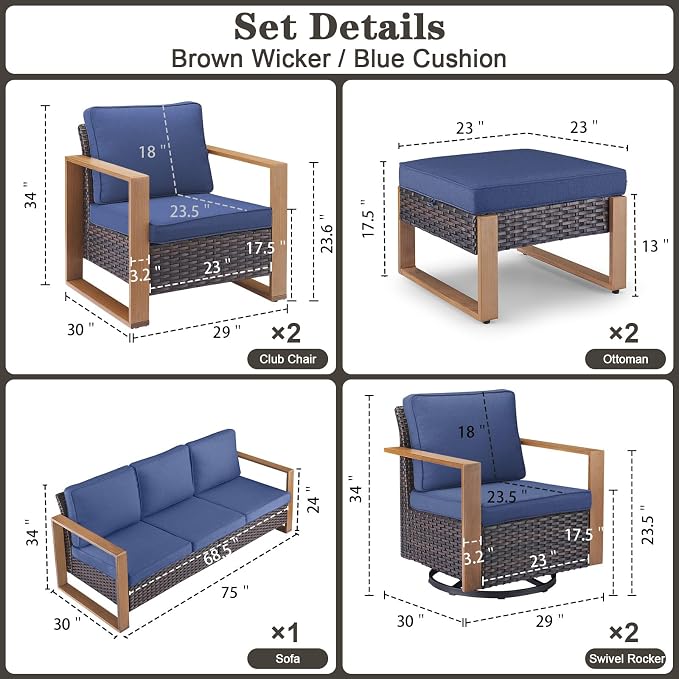 Belord Modern Outdoor Patio Furniture 7 - Person Outdoor Swivel Glider Seating Group, Backyard Wicker Furniture Set with Aluminum Armrests, Brown Wicker Blue Cushion