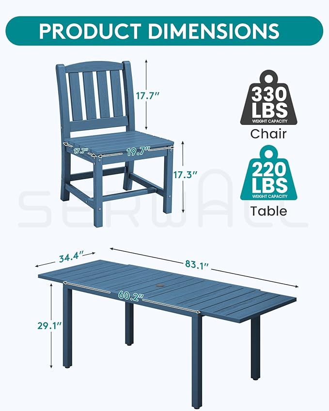 SERWALL 7-Piece Outdoor Dining Set, 60" - 83" Expandable Outdoor Dining Table and 6 HDPE Chairs, All Weather HDPE Outdoor Furniture Set for Backyard, Garden, Blue