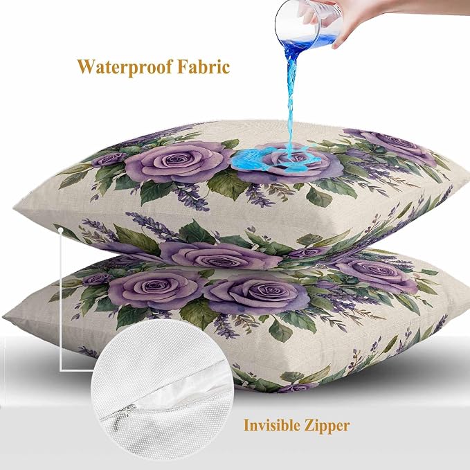 Spring Flower Outdoor Waterproof Throw Pillow Covers Set of 2, 16"x16", Purple Rose Wreath Blooming Floral Retro Decorative Pillow Covers Outside Cushion Case for Patio Porch Garden