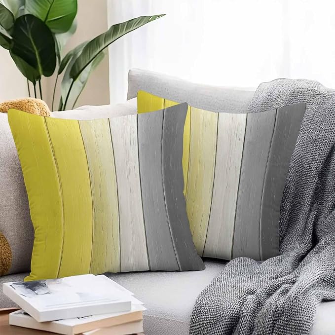 Throw Pillow Covers 16x16 Inch Set of 2, Yellow Gray Ombre Waterproof Outdoor Cushion Covers, Vintage Country Wooden Decorative Pillowcases for Couch, Sofa, Bed, Garden, Patio