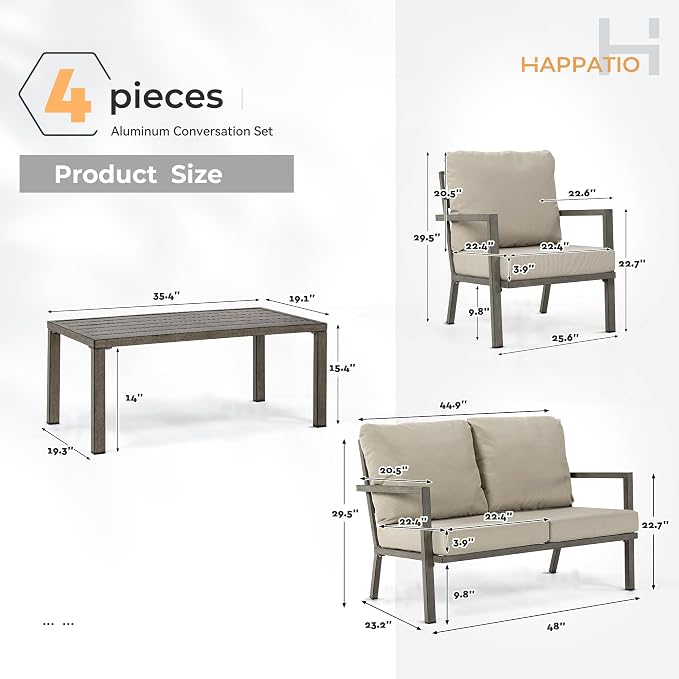 HAPPATIO Aluminum Patio Furniture Set, 4 Pieces Conversation Set with Thick Cushions and Coffee Table, All Weather Loveseat Waterproof and Rustproof for Garden, Backyard, Porch, Grey