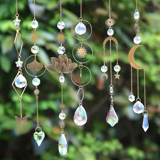 Sun Catchers, 6Pieces Colorful Crystals Suncatcher Hanging for Window | Crystal Ball Prism Rainbow Maker Pendant for Garden Christmas Tree Wedding Party Patio Backyard Car Home Indoor Outdoor Decor