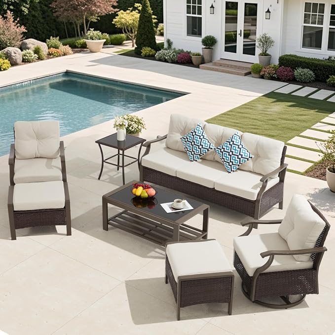 7 Pieces Outdoor Patio Furniture Set, Conversation Sets with Swivel Chair, Coffee/Side Table & Ottoman, Wicker Rattan Outdoor Sectional Sofa Set for Backyard, Deck, Porch, Poolside, Beige