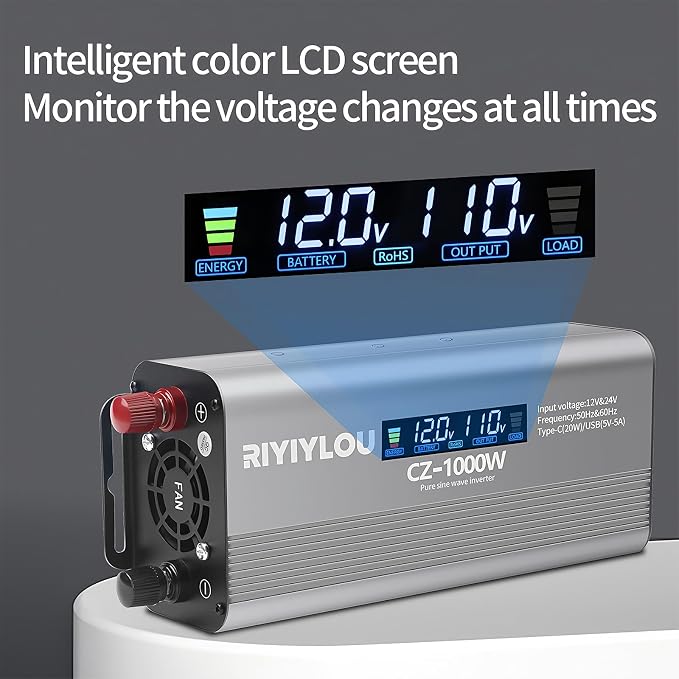 1000W Pure Sine Wave Inverter (2000W Peak), 12V/24V Auto-Detect, 50Hz/60Hz Switchable, LCD Display, Type-C Fast Charging, Silent Design, Overload & Overheat Protection for RV, Home