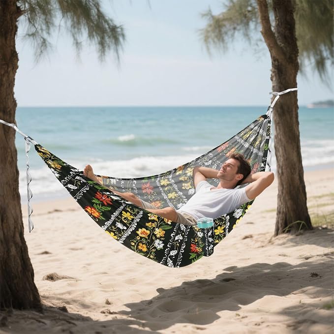 Camping Hammock Outdoor Hammocks for Outside Black Floral Beach Trees Portable Lightweight with Pockets Tree Straps Indoor