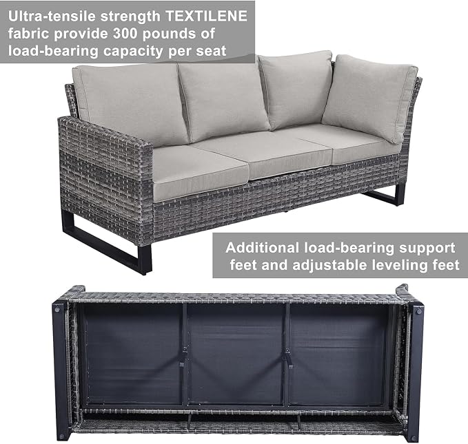 Belord Patio Sectional Furniture Set with Fire Pit Table: 8 Pieces Wicker Patio Conversation Set with L Shaped Sofa, Outdoor Swivel Glider Rocker, Rattan Ottomans, Removable Cushions Beige