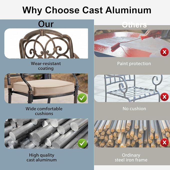 7-Pcs Cast Aluminum Patio Dining Set,59" Rectangular Table,Bronze | Outdoor Furniture Set Include Dining Table and 6 Stackable Chairs with Cushions & Umbrella Hole