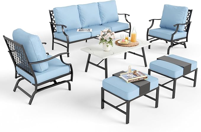 MIXPATIO Patio Furniture Set 6 pcs, Outdoor Patio Furniture, 3-Seat Sofa, 2 Rocking Chairs, 2 Ottomans, Coffee Table and 5.75" Extra Thick Cushion, Patio Conversation Set for Backyard Deck,Blue