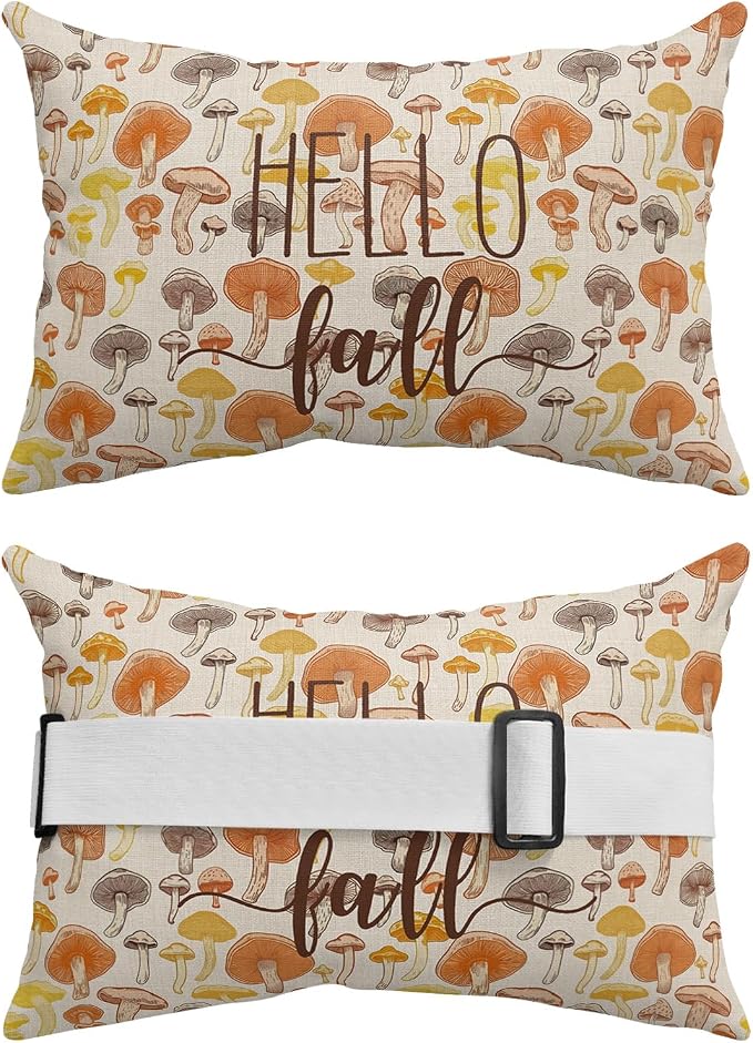 Outdoor Pillows Covers with Inserts Hello Fall Thanksgiving Orange Yellow Mushroom Waterproof Pillow with Adjustable Strap Throw Pillows for Patio Furniture Recliner Lounge Chair, 11x16 inch, 1PCS