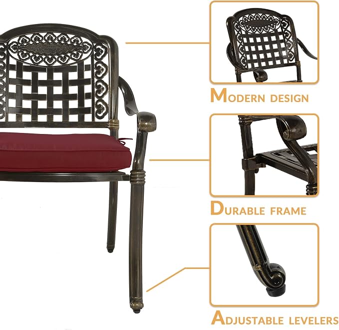 5-Piece Outdoor Patio Dining Set, All-Weather Cast Aluminum Patio Furniture Set for Backyard Garden Deck with 4 Chairs, 4 Cushions and 35.4" Round Table, 2" Umbrella Hole, Red