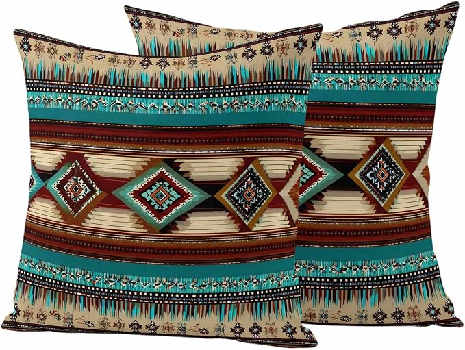 Boho Ethic Outdoor Pillow Covers 16"x16" Set of 2, Western Aztec Tribal Teal Brown Diamond Stripes Waterproof Throw Pillow Covers for Patio Furniture, Decorative Cushion Covers for Porch