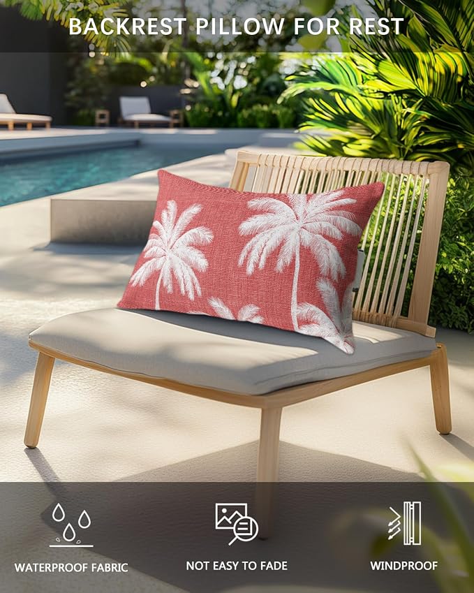 Pack of 2 Outdoor Lumbar Pillow Covers 12x20 Inch, Coral Red Palm Trees Waterproof Throw Pillow Covers Set, Farmhouse Tropical Summer Beach Indoor&Outdoor Decorative Cushion Cases for Patio Porch Car