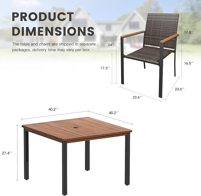 Patio Dining Set for 4, 40.2" Square Metal Table with Umbrella Hole and Stackable Wicker Patio Chairs, Outdoor Furniture Set for Deck Backyard Garden, Walnut Chairs, Walnut Table