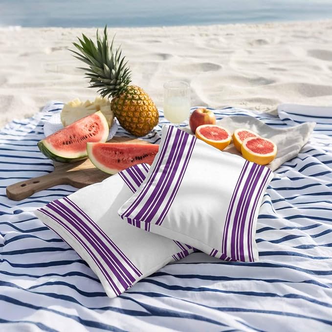 Outdoor Waterproof Throw Pillow Covers Set of 2 Purple Stripes Pillowcases 20x20 Inches White Vertical Striped Decorative Pillows Cushion Case Patio Pillows for Couch Bed Chair Garden