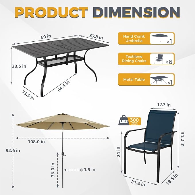 Incbruce 8 Pieces Patio Dining Set with Brown Umbrella, Outdoor Dining Set of 6 Textilene Chairs and Rectangle Table with Umbrella Hole for Backyard, Garden, and Poolside (Blue)