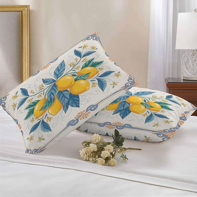 Lumbar Pillow Covers 20x12 Inch Set of 2, Yellow Blue Lemon Waterproof Outdoor Cushion Covers, Summer Botanical Farmhouse Decorative Pillowcases for Couch, Sofa, Bed, Garden, Patio
