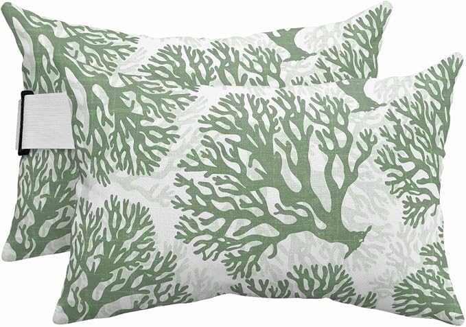 Outdoor Lumbar Pillow Set of 2, Sage Green Coral Waterproof Beach Headrest Pillow with Inserts, Coastal Summer Ocean Nautical Sea Recliner Throw Pillows for Patio Furniture, 11 x 16