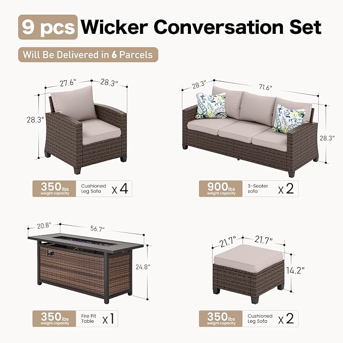 SUNSHINE VALLEY Patio Furniture Set Outdoor Furniture Brown Wicker Rattan Patio Conversation Sets with Cushion Outside Sofa Set,8 Pieces with Rectangular Firepit Table,12 Seats,Beige