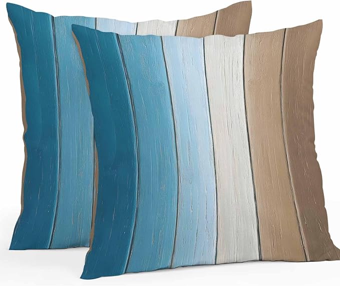 Throw Pillow Covers 16x16 Inch Set of 2, Blue Brown Ombre Waterproof Outdoor Cushion Covers, Vintage Country Wooden Decorative Pillowcases for Couch, Sofa, Bed, Garden, Patio