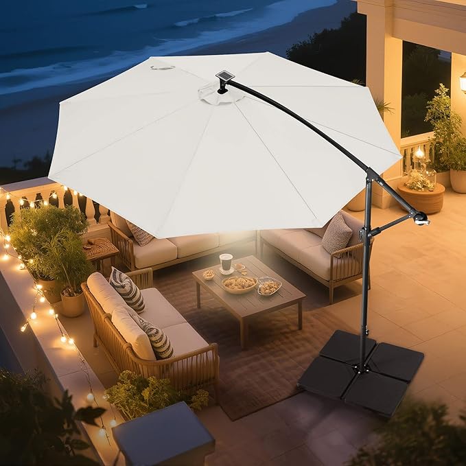 Solar Offset Patio Umbrella - 10 FT Solar Cantilever Umbrella Outdoor with 40 LED Lights and Cross Base, UV Protection for Garden, Deck, Backyard, Pool, Porch, Ivory