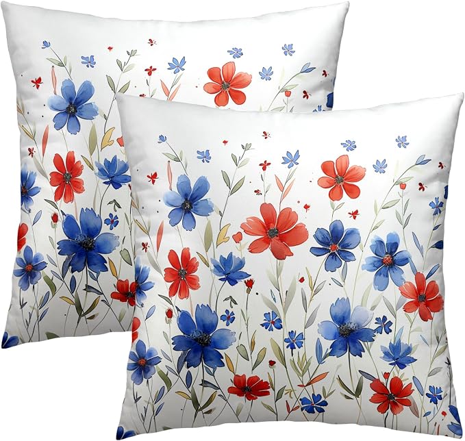 4th of July Pillow Covers 22x22 Inch Set of 2- Red Blue Wildflowers Independence Day Theme Floral Decorative Throw Pillowcase Soft Cushion Cover for Couch Sofa Bed Living Room