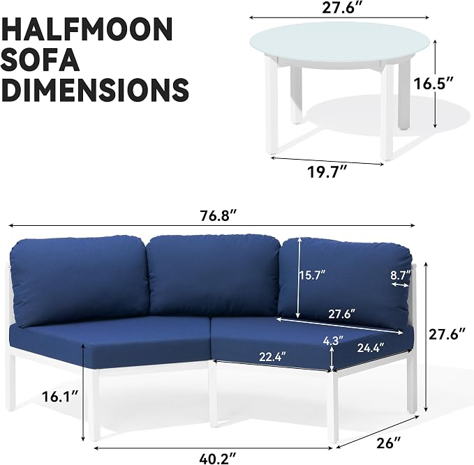 Crestlive Curved Patio Furniture Set, Modular Half Moon 4-Seater Sofa with Round Coffee Table, Aluminum Outdoor Sectional with 4.3" Cushions, All-Weather Couch for Backyard, Deck, Porch, Poolside