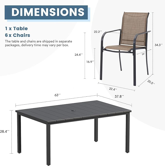DIFY 7 Pieces Outdoor Patio Dining Set for 6, 63" Black Rectangle Metal Dining Table and 6 Brown Stackable Sling Dining Chairs, Outdoor Table and Chairs for Lawn Garden Backyard Deck