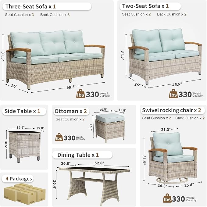 MEISSALIVVE 8 Pieces Patio Furniture Sets, PE Wicker Outdoor Conversation Sets with 2 Wood Armrests Swivel Rocker Chairs, 2 Ottomans, 2 Sofa and Dining Table (Blue)