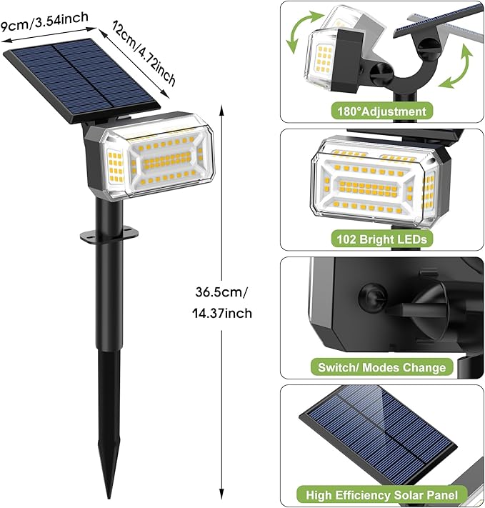 WENATY Solar Spot Lights Outdoor, 102 LED Solar Garden Yard Spotlight Waterproof Landscape Flood Powered Lights with Adjustable Light & Panel, 4 Lighting Modes for Pathway Driveway, 4 Pack(Warm White)