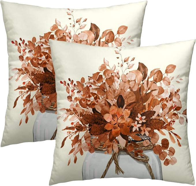Fall Eucalyptus Throw Pillow Covers 16x16 Inch Set of 2, Orange Botanical Leaves Autumn Harvest Season Farmhouse Decorative Pillows Cushion Case for Sofa Couch Home Decor