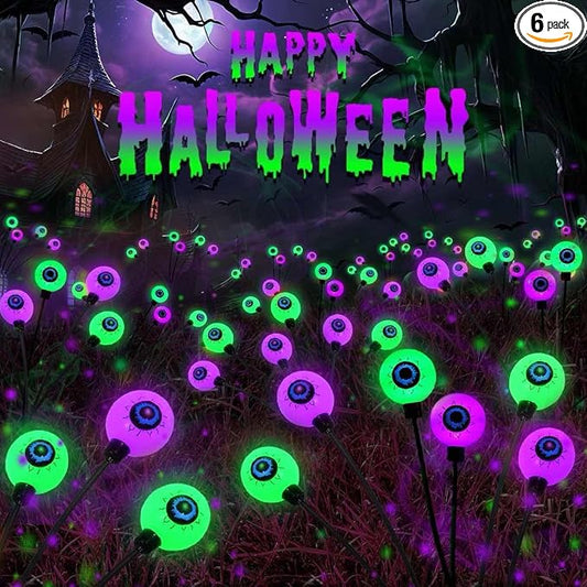 6 Pack Solar Halloween Decorations Outdoor 36 LED Solar Eyeball Lights | Purple and Green Halloween Lights, Sway by Wind, IP65 Waterproof, 2 Modes, for Pathway Garden Yard Lawn Horror Party Decor