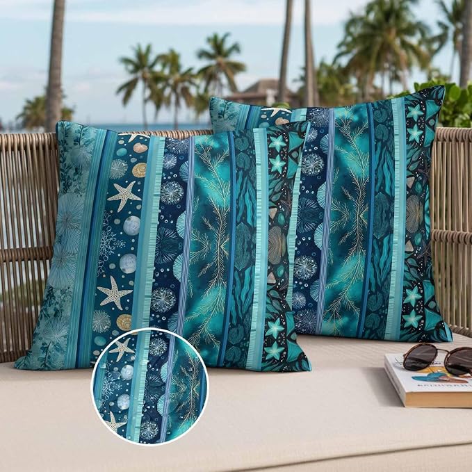 Turquoise Ocean Outdoor Waterproof Throw Pillow Covers Set of 2, 18"x18", Blue Stripes Starfish Coral Seaweed Luxury Decorative Pillow Covers Outside Cushion Case for Patio Porch Garden
